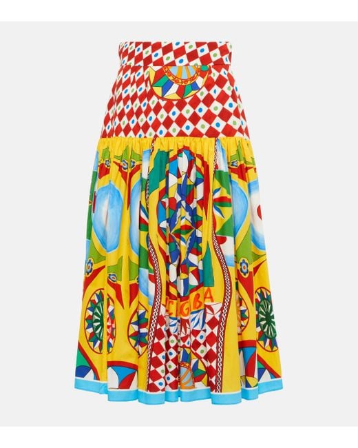 Dolce & Gabbana Orange Poplin Midi Skirt With Carretto Print