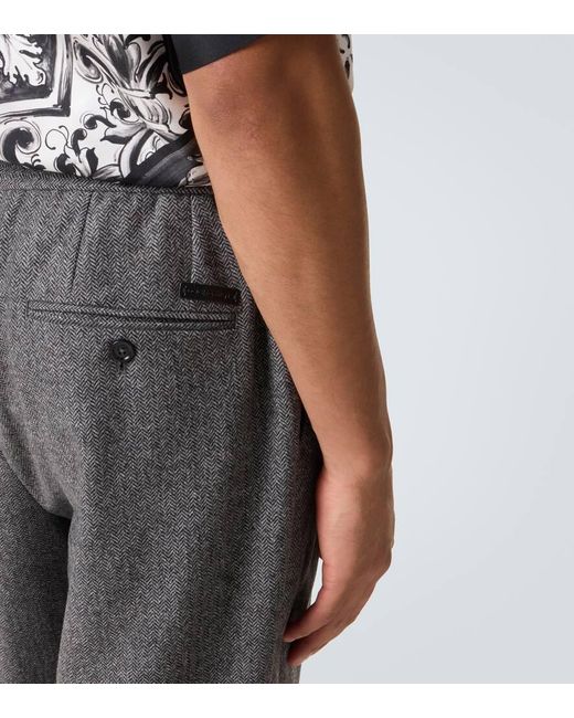 Dolce & Gabbana Gray Herringbone Wool-Blend Wide-Leg Pants for men