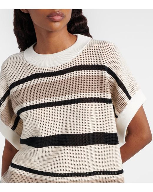 Brunello Cucinelli Natural Open-Knit Striped Cotton Top