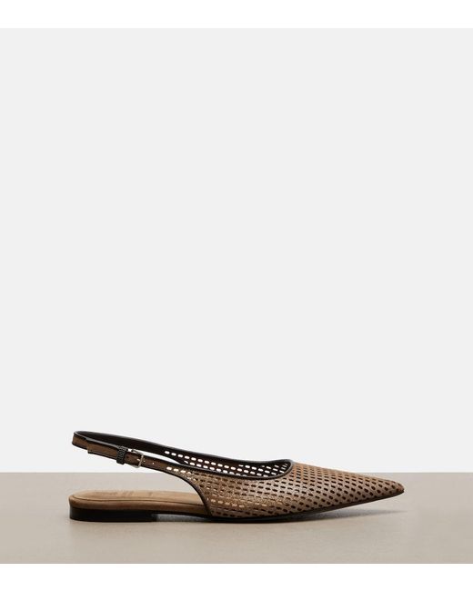 Brunello Cucinelli Brown Perforated Leather Slingback Flats