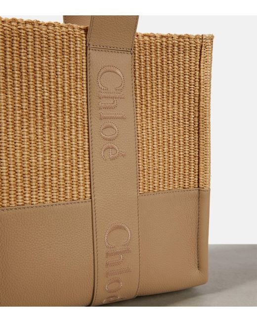 Chloé Natural Woody Medium Leather-trimmed Raffia Tote Bag