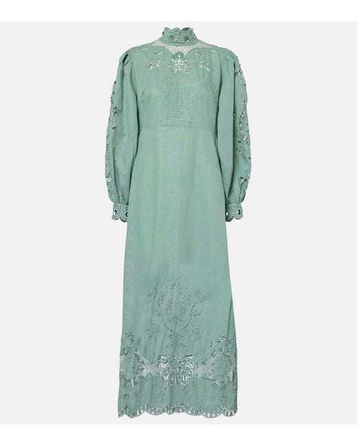 Farm Rio Green Broderie Anglaise Linen And Cotton Midi Dress