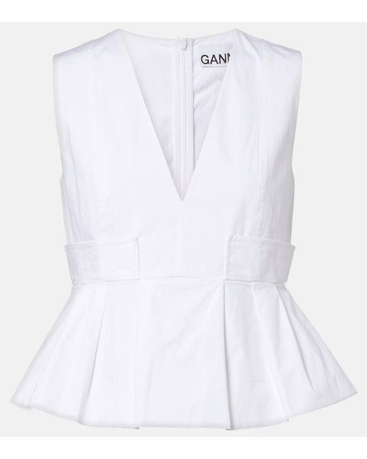 Ganni White Peplum Cotton-Blend Poplin Top