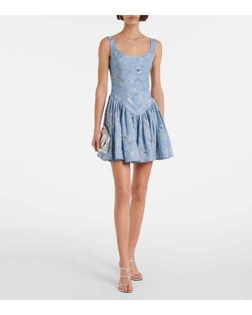 Agua Bendita Blue Pluma Lymanopoda Applique Linen Minidress