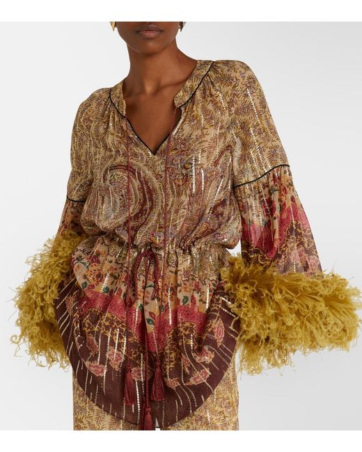 Valentino Multicolor Paisley Feather-Trimmed Silk-Blend Blouse
