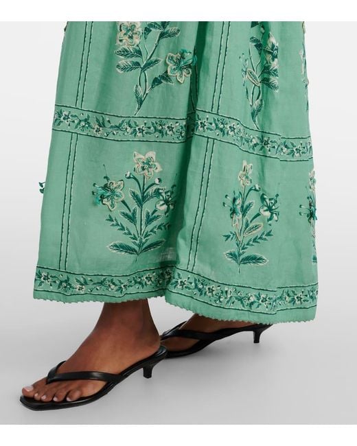 Agua Bendita Green Barbara Embroidered Linen Maxi Dress
