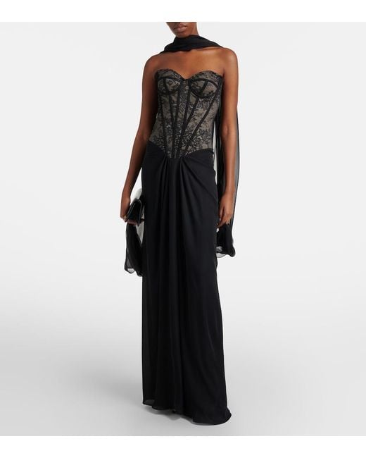 Monique Lhuillier Black Scarf-Detail Draped Lace Gown