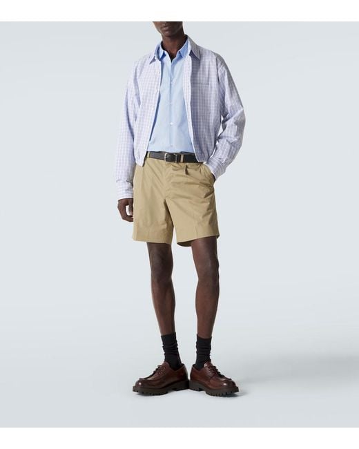 Prada Blue Checked Gathered Cotton Shirt for men