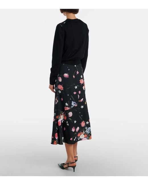 Erdem Black Floral Crepe Midi Skirt