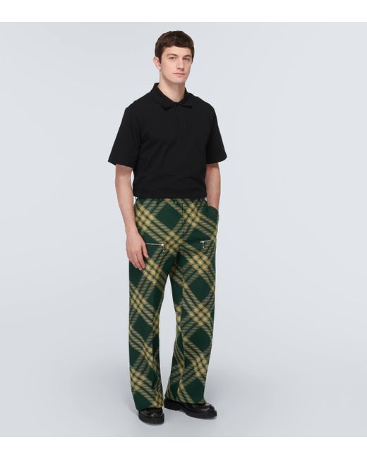 Burberry Green Checked Wool Twill Straight Pants for men
