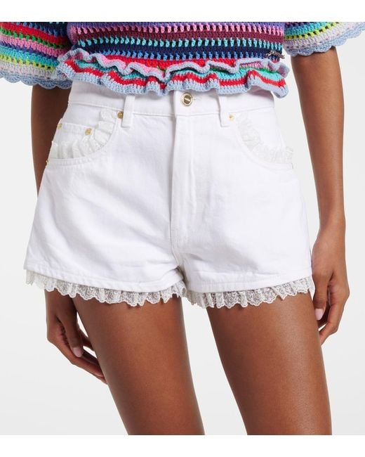 Ganni White Lace-Trimmed Denim Shorts