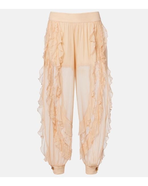 Zimmermann Natural Rebellion Splice Ruffled Silk Tapered Pants