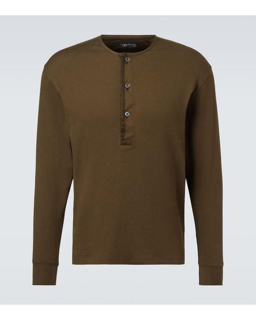 Tom Ford Green Ribbed-Knit Cotton-Blend Henley Shirt for men