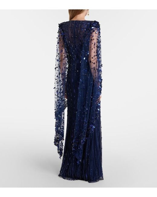 Jenny Packham Blue Caped Embellished Gown