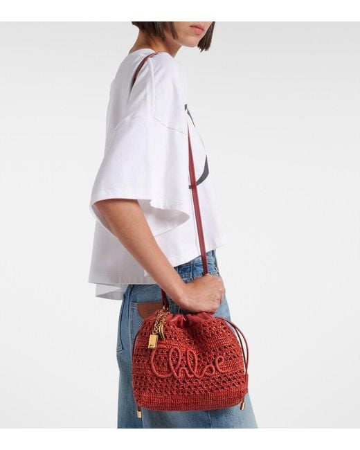 Chloé Red Summer Banana Mini Raffia Shoulder Bag