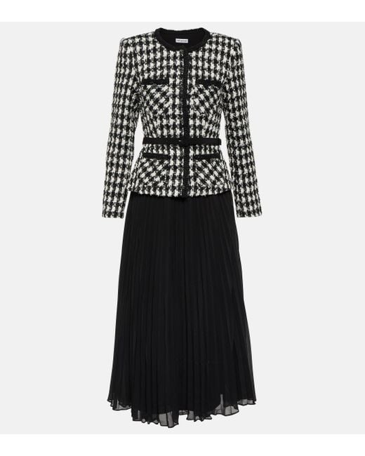 Self-Portrait Black Check Boucle Chiffon Midi Dress