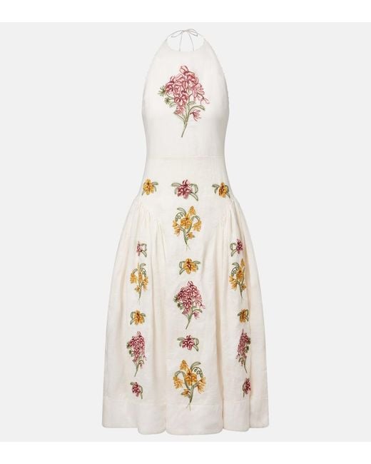 Agua Bendita White Balsa Cordillera Floral Linen Midi Dress