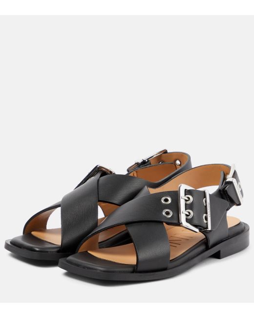 Ganni Brown Faux Leather Mary Jane Sandals