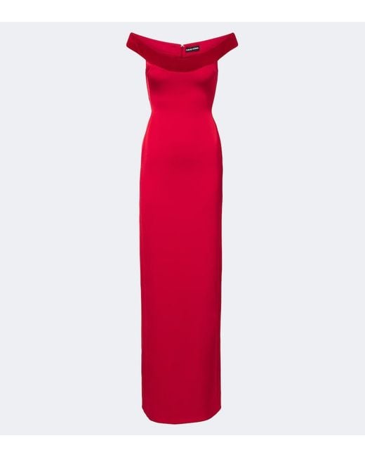 David Koma Red Velvet-Trimmed Off-Shoulder Satin Gown
