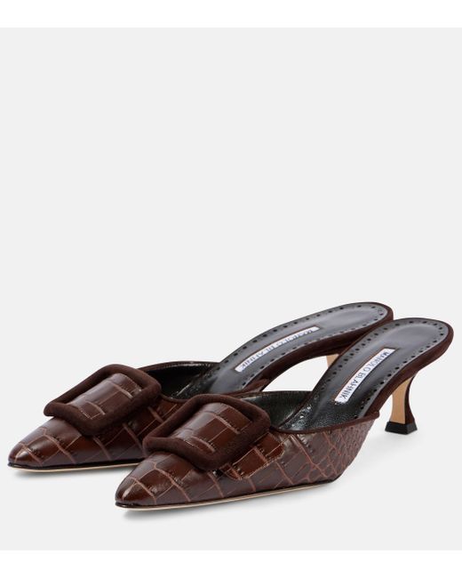 Manolo Blahnik Brown Maysalebi 50 Croc-Effect Leather Mules