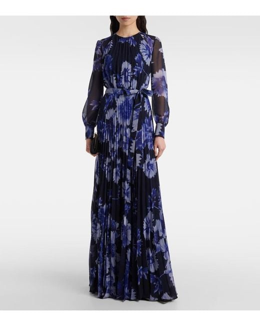 Erdem Blue Floral Pleated Voile Gown