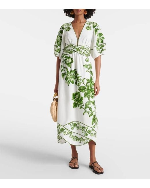 Farm Rio Green Yard Linen-Blend Midi Dress