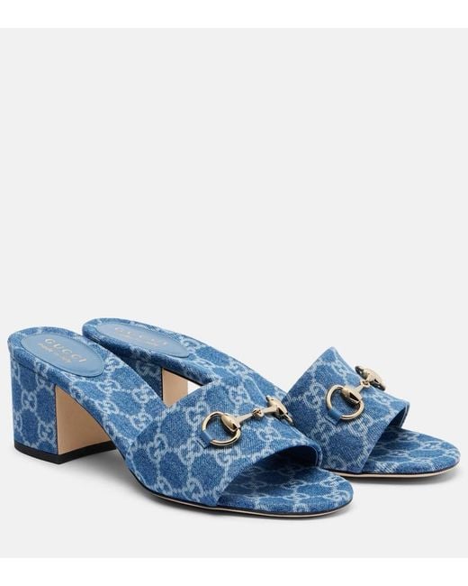 Gucci Blue Horsebit Gg Denim Sandals