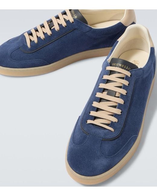 Brunello Cucinelli Blue Leather-Trimmed Suede Sneakers for men
