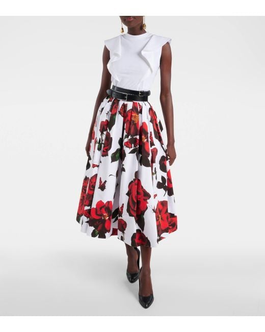 Alexander McQueen Red Pleated Floral Cotton Midi Skirt