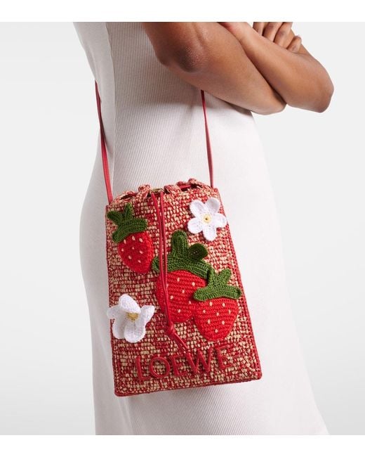 Loewe Red Paula's Ibiza Raffia Pouch With Strap
