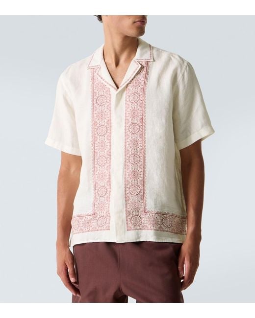 Orlebar Brown White Maitan Printed Linen Bowling Shirt for men