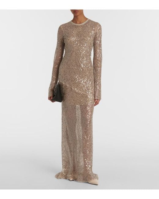 Brunello Cucinelli Natural Paillette Net Knit Long-Sleeve Maxi Dress