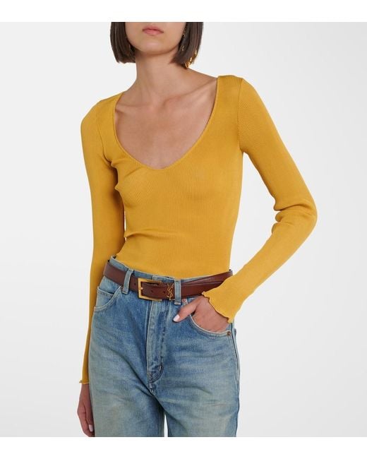 Saint Laurent Yellow Ribbed-Knit Silk Top