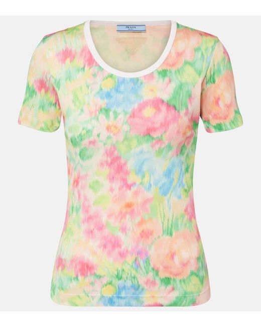 Prada Multicolor Triangle-Appliqué Printed Ribbed Cotton-Jersey T-Shirt