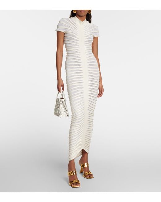 Alaïa Ruched Cotton-blend Maxi Dress in White | Lyst
