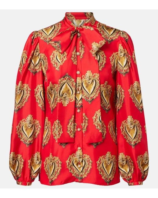 Dolce & Gabbana Red Printed Tie-Neck Silk Blouse