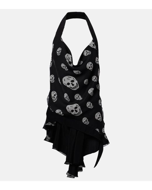McQueen Black Skull Asymmetric Halterneck Chiffon Top
