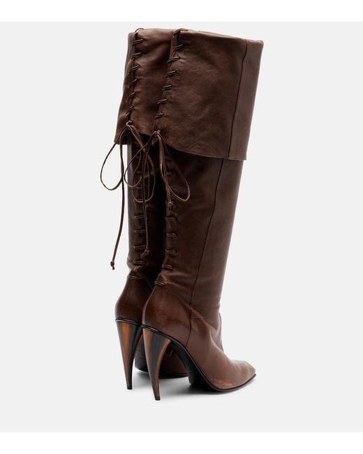 McQueen Brown Horn Lace-Up Leather Knee-High Boots