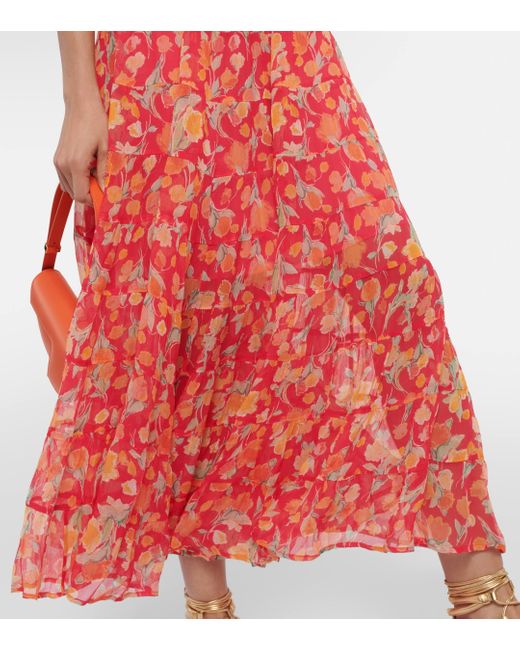 Rixo Red Olimani Floral-Print Chiffon Midi Dress