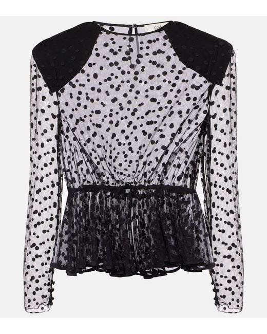 Chloé Black Polka-Dot Peplum Cotton-Blend Tulle Top