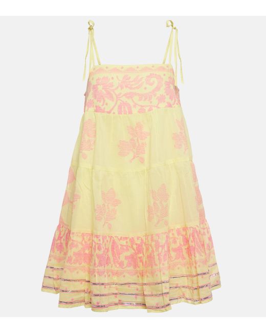 Juliet Dunn Yellow Printed Tiered Cotton Minidress