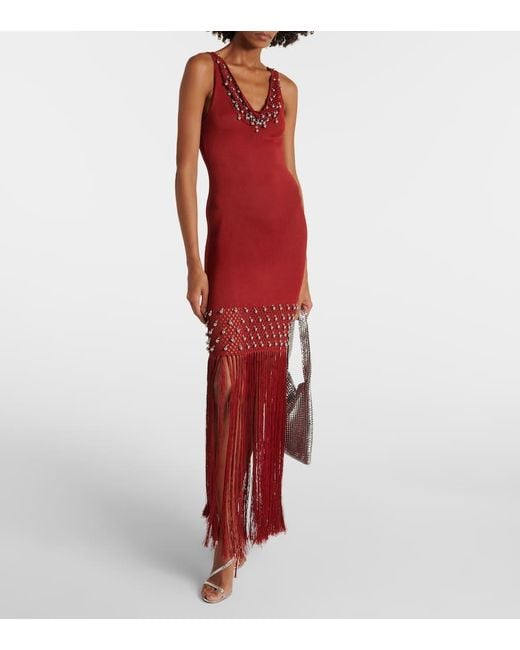 Rabanne Red Embellished Crochet Midi Dress