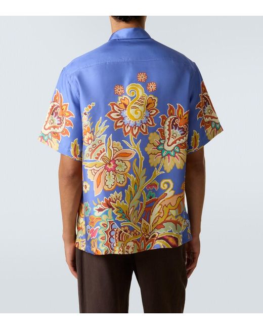 Etro Blue Floral Silk Bowling Shirt for men
