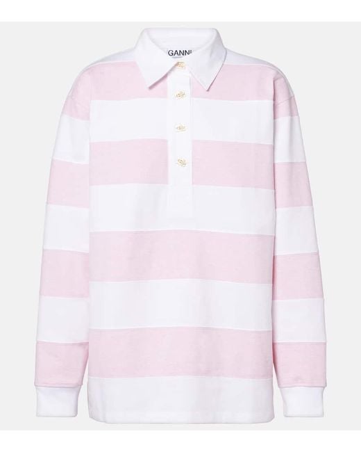 Ganni Pink Striped Cotton Jersey Polo Sweater