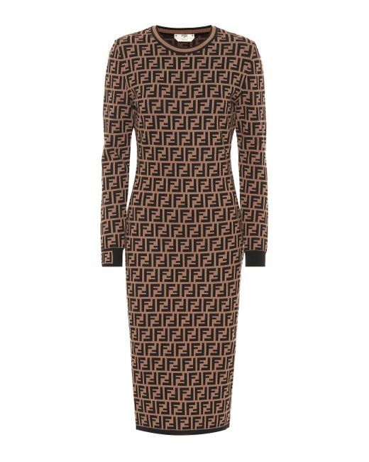 Fendi Wool Longsleeve Ff Midi Dress in Black Brown (Brown) - Save 32% ...