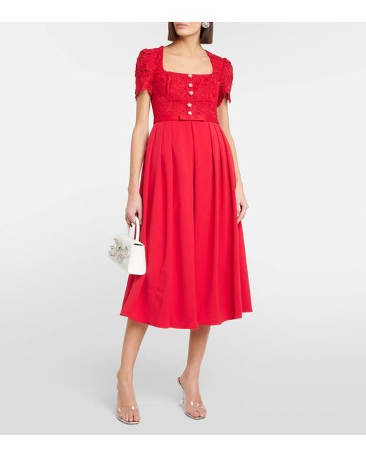 Self-Portrait Lace Crepe Midi Dress in Red | Lyst