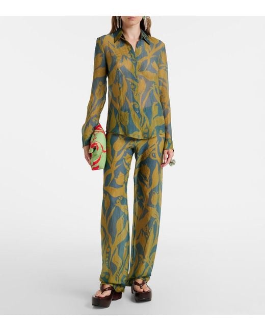 Dries Van Noten Green Printed Silk Shirt