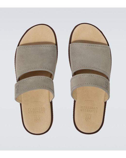 Brunello Cucinelli White Logo Suede Sandals for men