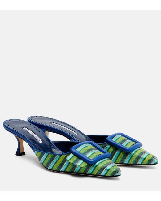 Manolo Blahnik Blue Maysalebi Striped Leather-Trimmed Mules