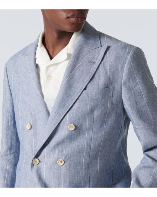 Brunello Cucinelli Blue Striped Double-breasted Linen Suit for men